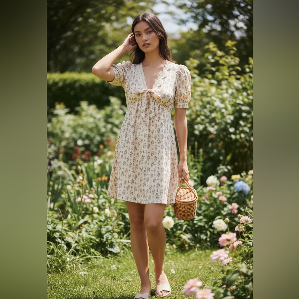 SO ME Floral Print Lace Trim Short Sleeves Mini Dress
